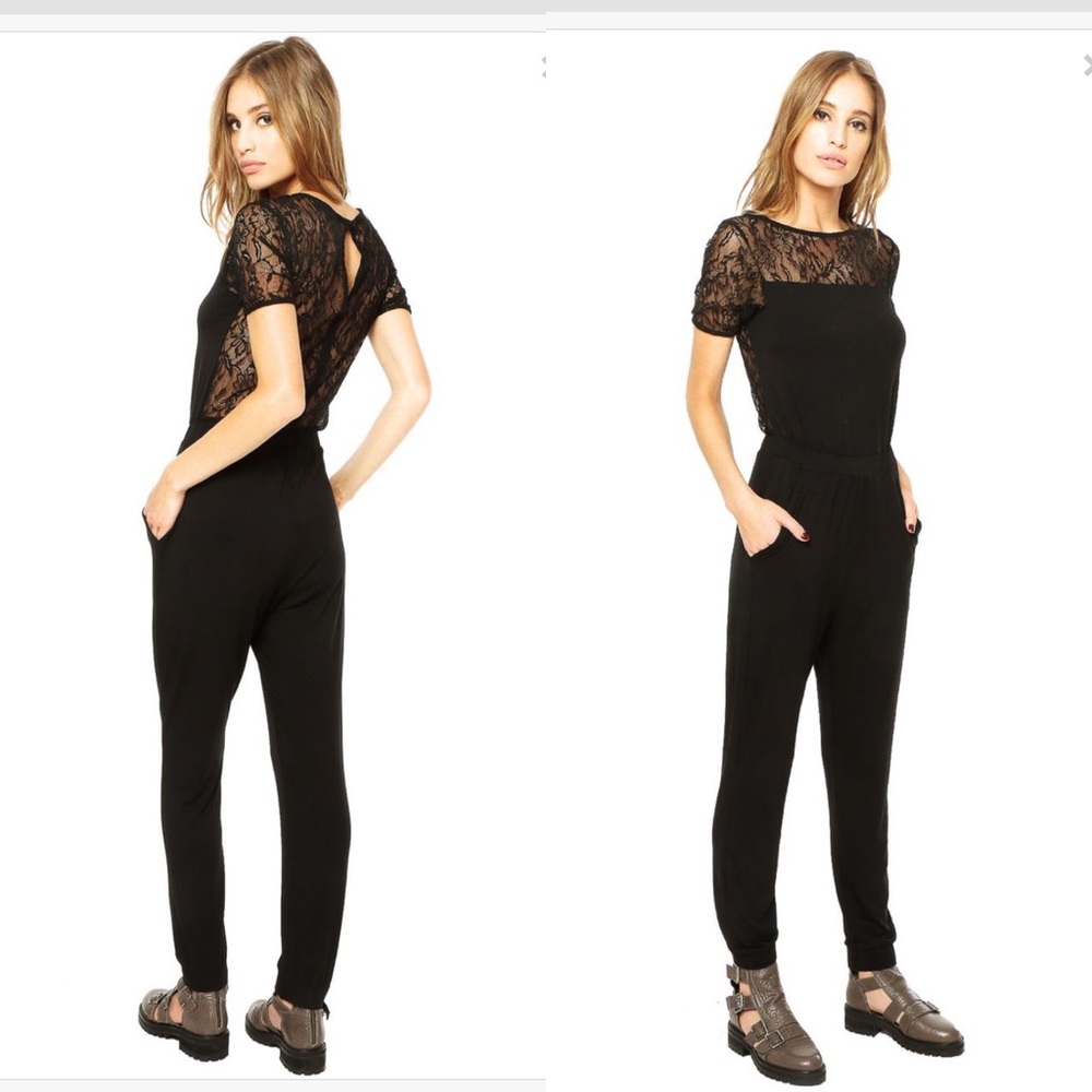 TOPSHOP Black Jersey/Lace Jumpsuit 🖤 Sz S …